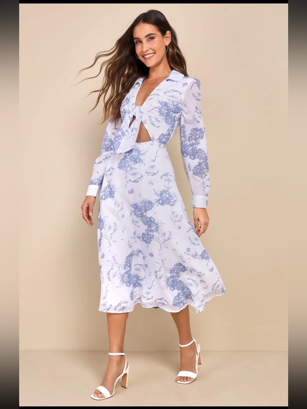 NWT Lulu's Lovely Adoration White Floral Print Tie-Front Midi Dress XS